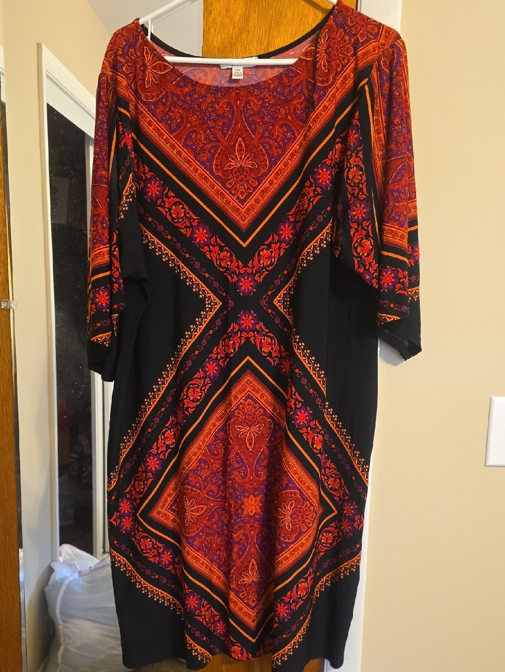 London Style Black Midi Dress with Red and Orange Paisley Print